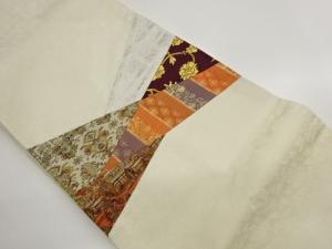 切りばめ　橋に花唐草・古典柄・幾何学模様織り出し名古屋帯